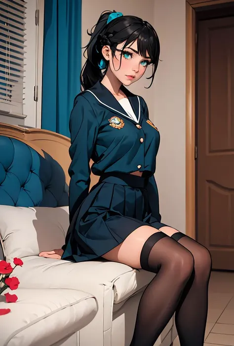 (masterpiece, best quality), 1girl,    Smoky Teal Dutch Braid Ponytail with Flower Accents, Size A breasts,    <lora:uniform_loafer:0.8> uniform_loafer