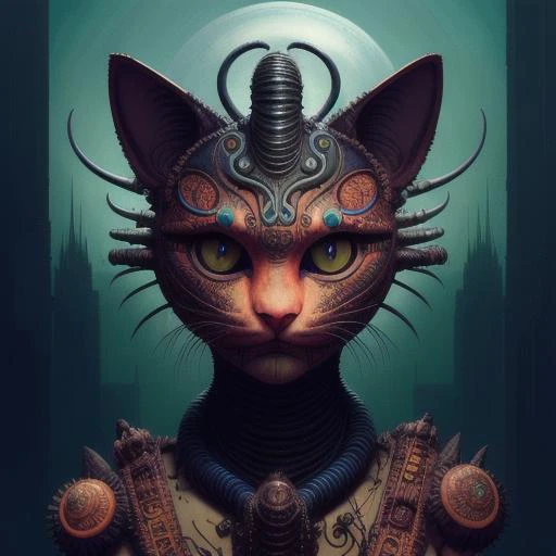 cheshire cat, aztec god, alien, highly detailed, cinematic, 8 k, by megan duncanson, benjamin lacombe, adrian borda, stanley artgermm, tom bagshaw, craig mullins, carne griffiths, ayami kojima, beksinski, giger, trending on deviantart, hyper detailed, horr...