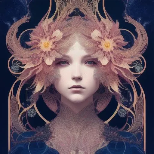 human flower by Android Jones, Earnst Haeckel, James Jean. behance contest winner, generative art, Baroque, intricate patterns, fractalism, movie still, photorealistic, vibrant peacock feathers, intricate, elegant, highly detailed, digital painting, artsta...