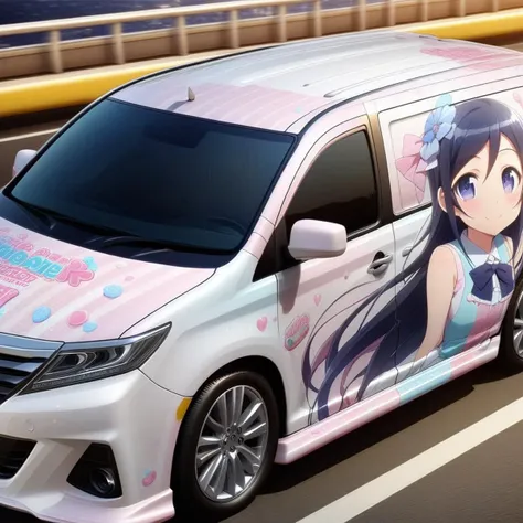 aragaki ayase,smile,vehicle focus, from side(lapping car,print car,painted car style),masterpiece,best quality, very aesthetic, absurdres,  ultra detailed  <lora:Ayase_Aragaki_-_Oreimo:0.7> <lora:lappingcar:1>