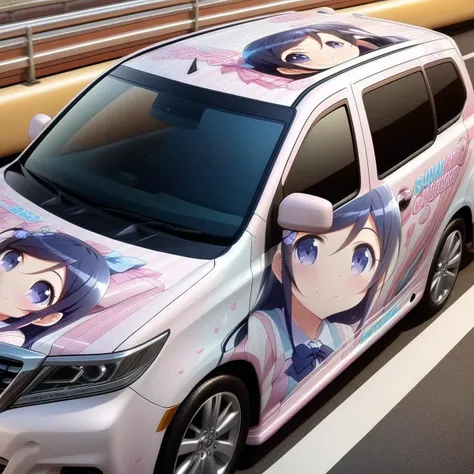 aragaki ayase,smile,vehicle focus, from side(lapping car,print car,painted car style),masterpiece,best quality, very aesthetic, absurdres,  ultra detailed  <lora:Ayase_Aragaki_-_Oreimo:0.7> <lora:lappingcar:1>