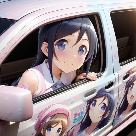 aragaki ayase,smile, from side(lapping car,print car,painted car style),masterpiece,best quality, very aesthetic, absurdres,  ultra detailed  <lora:Ayase_Aragaki_-_Oreimo:0.7> <lora:lappingcar:1>