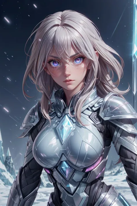 a woman in armor standing in the snow with a sword