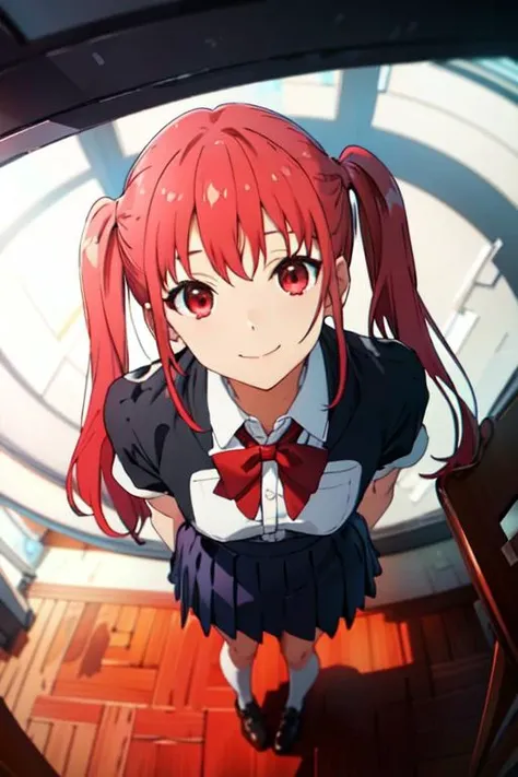 <lora:Remi:0.7> , pikkyremi, (red hair:1.1), long hair, twintails, bangs, red eyes, school uniform, skirt,
standing, small breasts, (upper body:1.1), breasts, smile, on knees. looking up, from above, close-up,
 (high quality:1.1), (high resolution:1.1), 4k...