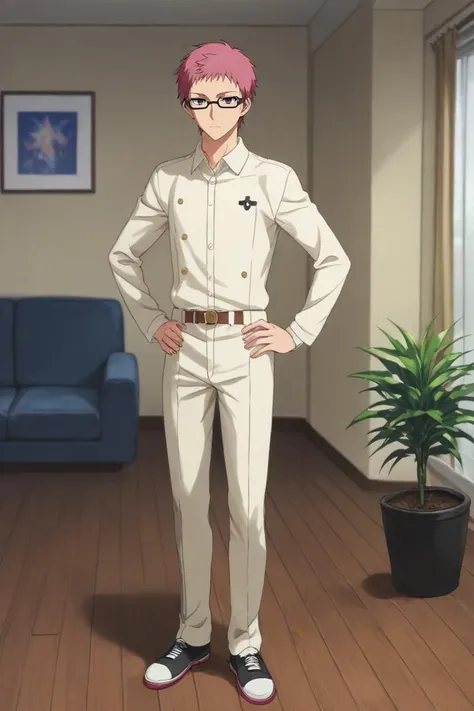 a man in a white uniform standing in a living room