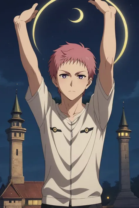 a man with pink hair holding up a crescent above his head