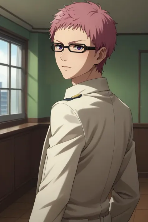 a man with pink hair and glasses standing in front of a window