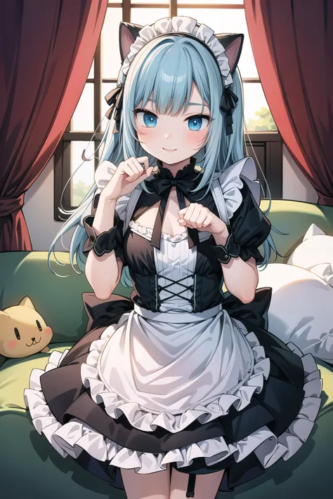 a woman in a maid outfit sitting on a couch with a cat