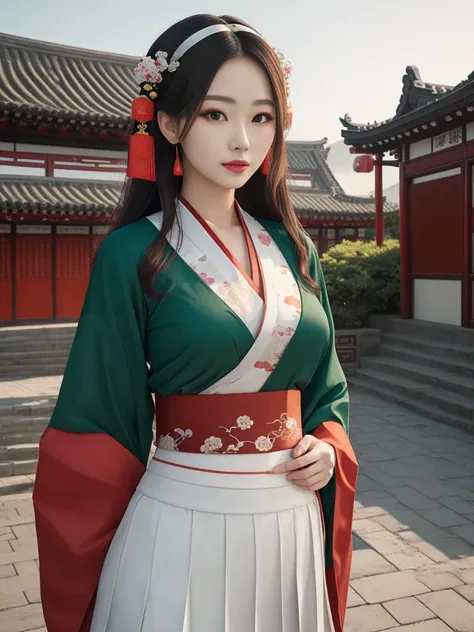 a woman in a green and red kimono is posing for a picture