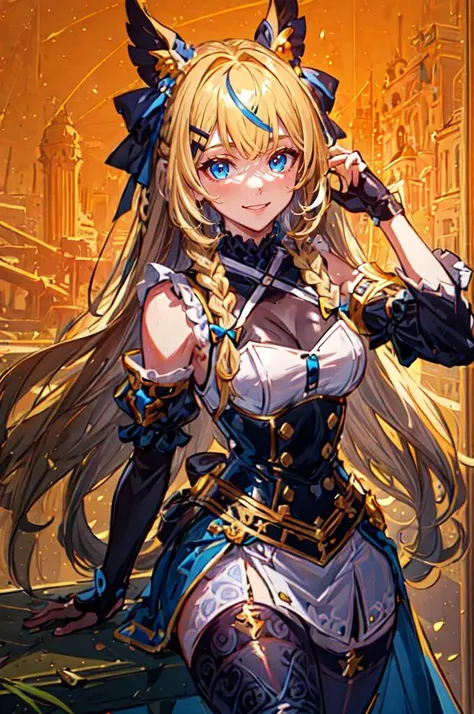 <lora:Mecha-000010:1>, ultra detailed, masterpiece, best quality, aesthetic, detailed,, solo, soft smile, light smile,
1girl, blue eyes, very long hair, blonde hair, long blonde hair, french braid, bangs, medium breasts,, hair ribbon, frilled choker, criss...