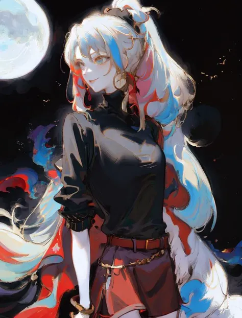 masterpiece, best quality, a woman, style by NTY, ponytail, multicolored hair, black shirt, jacket, belt, red skirt, shorts under skirt, smile, magic
<lora:PsychoMode:0.7>  <lora:OilPaint:0.5>