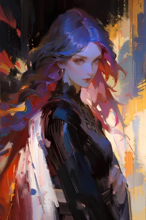 OIL PAINTING,(Style by NTY:1.4), female, scarlet art, iridescent hair, intricate, colorful <lora:OilPaint:0.7>