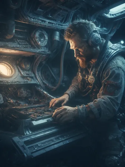 a sci-fi viking mechanic fixing a complicated machine on a space ship, realistic