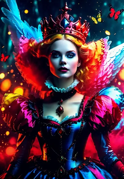 cinematic film still A mesmerizing  photo shoot of red queen, colorful, Alice in Wonderland character, against a magical fantastical dreamland backdrop, a fantastical world where Alices journey takes on an enchantingly eerie quality, ((Bioluminescent flyin...