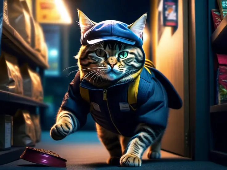 A cool cat thief in a cap, breaks door, pet store, scattered cat food, runs out with a bag in his paws, at night, soft lighting, masterpiece, best quality, rhigh-quality, ultra-high details, 8k uhd