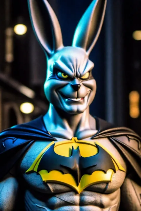 masterpiece, 8k UHD, Bugs Bunny as Batman with white eyes, (real life photo), upper body, torso,