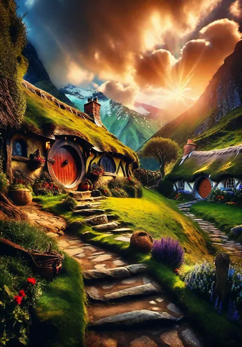 cinematic film still An enchanting photo shoot of another dimension" of the magical fantastical land of Hobbit. The composition captures the dreamy and ethereal essence of this realm, where lush landscapes, charming villages, and whimsical creatures come t...