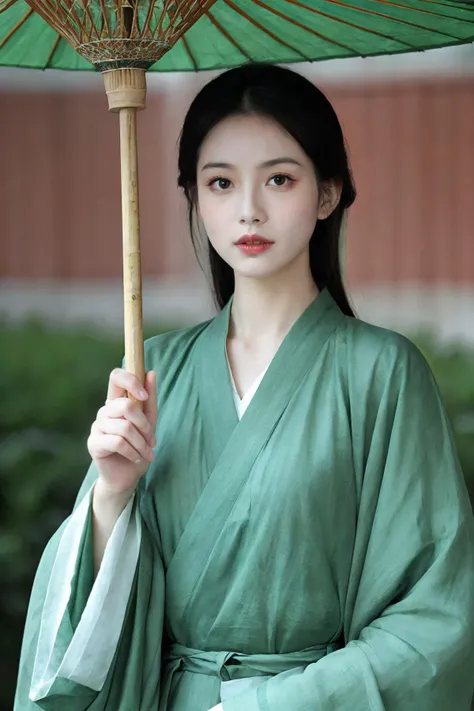 1girl,moyou,looking at viewer,front,upper body,green clothes,umbrella,pale clothes,use an umbrella,