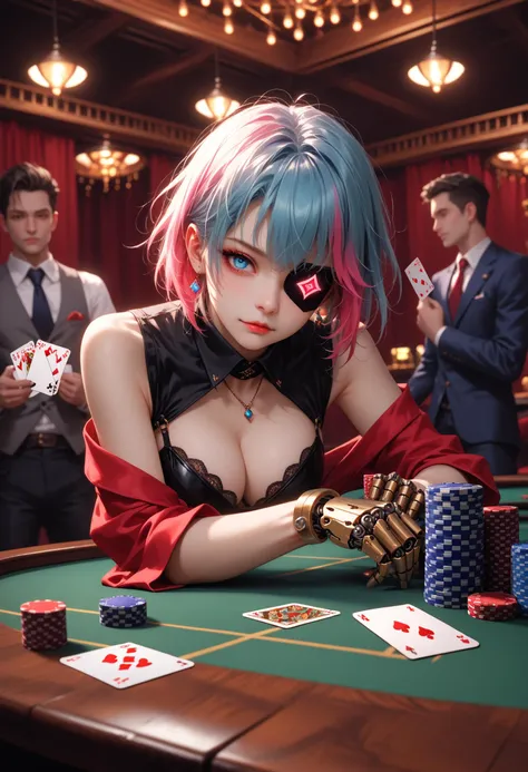 cyborg,prosthetic limbs,glowing red hair,minimal clothing,blue eye,patch over eye,
leaning over a big poker table,cards on table...