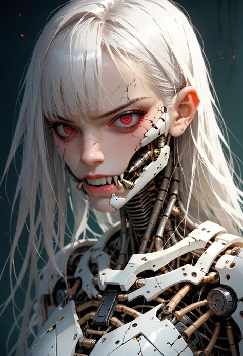 cyber girl with pale,cracked skin gazes sideways,her fragile form encased in a cyborg exoskeleton. hydraulic mandibles frame her...