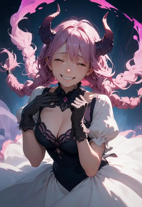 1girl, aura the guillotine, black gloves, cleavage, crying, dress, gloves, horns, long hair, pink hair, purple hair, smile, solo...