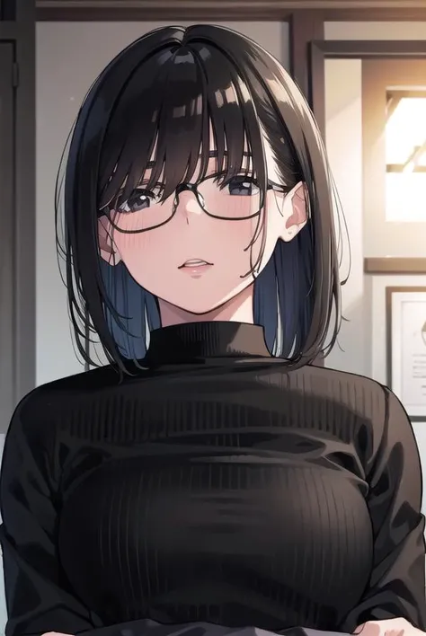 kasumimiyoshi, <lyco:kasumimiyoshi-lyco-nochekaiser:1>,
kasumi miyoshi, bangs, black hair, hair between eyes, (black eyes:1.5), medium hair, mole, black-framed eyewear, plump,
BREAK turtleneck, long sleeves, shorts,
BREAK indoors,
BREAK looking at viewer, ...