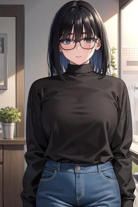 kasumimiyoshi, <lyco:kasumimiyoshi-lyco-nochekaiser:1>,
kasumi miyoshi, bangs, black hair, hair between eyes, (black eyes:1.5), medium hair, mole, black-framed eyewear, plump,
BREAK turtleneck, long sleeves, shorts,
BREAK indoors,
BREAK looking at viewer, ...