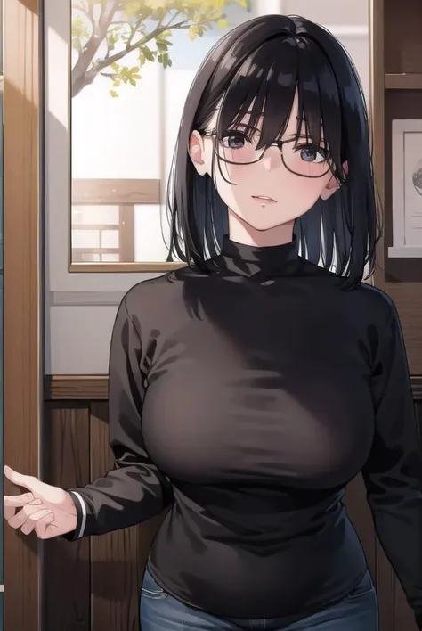 kasumimiyoshi, <lyco:kasumimiyoshi-lyco-nochekaiser:1>,
kasumi miyoshi, bangs, black hair, hair between eyes, (black eyes:1.5), medium hair, mole, black-framed eyewear, plump,
BREAK turtleneck, long sleeves, shorts,
BREAK indoors,
BREAK looking at viewer, ...