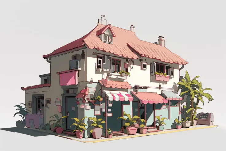 No people, grey background, landscape, door, plant, simple background, clock, window, air conditioner, building, pink house, outdoors, potted plant, old house,  (illustration:1.0), masterpiece, best quality, <lora:xiaofangzi_20230617175504:0.8>