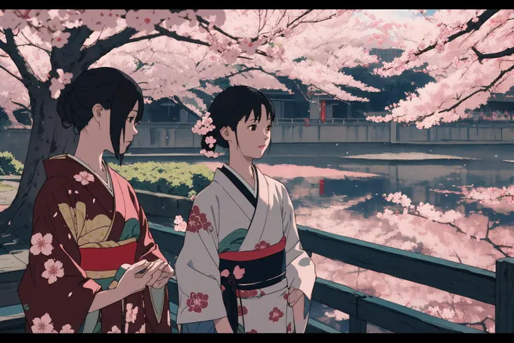 (RAW photo, best quality), 1girl,  natural lighting, multiple girls, beautiful kimono, spring, cherry blossom, 
<lora:satoshi_kon_art_style_v1_2-000007:1>, satosh kon art style