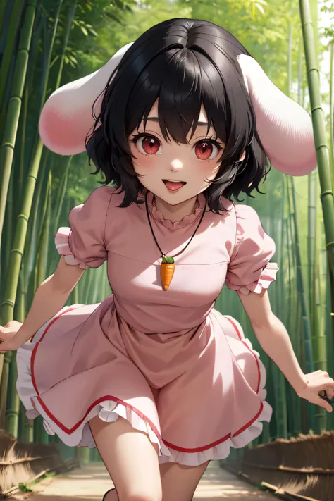 ultra detailed, sharp focus, best quality, masterpiece, colorful, 1 woman, <lora:TewiInabaLORA:1> Inaba Tewi, short hair, black hair, red eyes, TewiBase, carrot necklace, pink dress, short sleeves, puffy sleeves, running towards the viewer, tongue out, bam...