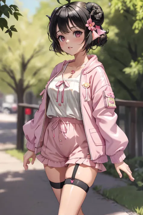 <lora:WatameV4:1> Tsunomaki Watame, hair bun, WatameSleep, pink jacket, open jacket, camisole, hairclip, thigh strap, hair flower, sheep girl, sheep horns, short shorts, pink shorts, barefoot,  <lora:TewiInabaLORA:0.4> black hair, red eyes, Inaba Tewi, Tew...