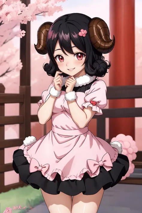 <lora:TewiInabaLORA:0.8> short hair, black hair, red eyes, Inaba Tewi, black hair, TewiBase, evil smile, pink dress, short sleeves, puffy sleeves, Inaba Tewi,  <lora:Aries:0.6> AriesFairyTail, wool hair, medium hair, sheep horns, fur dress, fur choker,