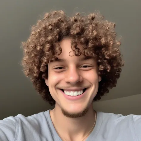 arafed man with curly hair smiling and wearing a grey shirt