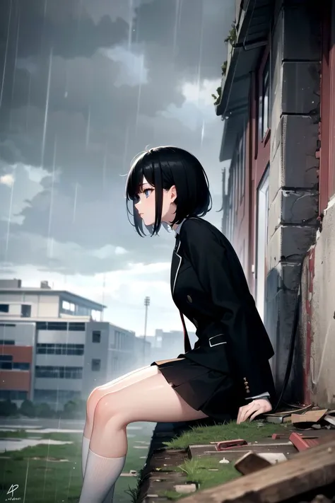 (masterpiece:1.2), (best quality:1.2), (extremely detailed:1.2), cowboy shot, 1girl, short hair, black hair, black jacket, white highschool blouse, black skirt, knee high stockings, view from side, sitting on the ground,
(cloudy sky:1.2), (raining:1.2),
<l...