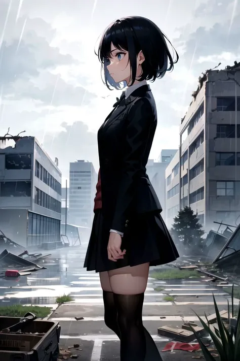 (masterpiece:1.2), (best quality:1.2), (extremely detailed:1.2), cowboy shot, 1girl, short hair, black hair, black jacket, white highschool blouse, black skirt, knee high stockings, walking, view from side,
(cloudy sky:1.2), (raining:1.2),
<lora:school_yar...