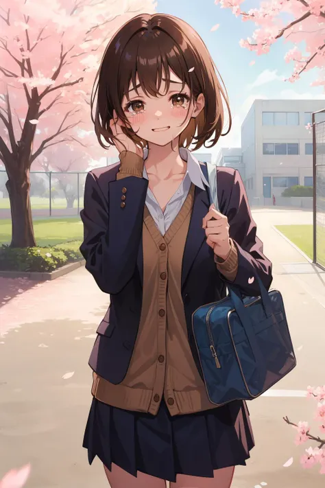 ((masterpiece)), (best quality),
1girl, school uniform, blue skirt, blue jacket, brown cardigan, collared white shirt, collarbone, brown hair, brown eyes, 
 school yard, tree, garden, bushes, chain-link fence, fence, (cherry blossoms:1.2), smile, happy tea...