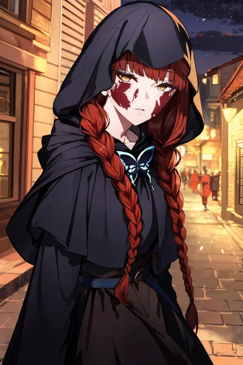 anime girl with red hair and a hood on walking down a street