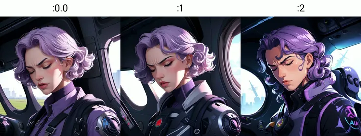 <lyco:aipub-v2:0.0>, (((masterpiece, best quality, high quality, aipub))), wide shot of a gorgeous man with short curly lilac hair and big narrow lime eyes, angry, closed eyes, closed mouth,, cyberpunk outfit outfit, , in the plane