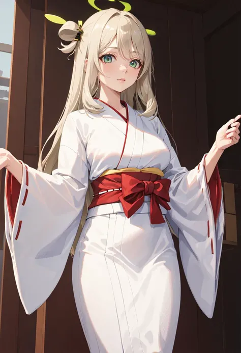 best quality, masterpiece, highres, solo, (nonomi_bluearchive:1.10), (white kimono:1.35), (red hakama:1.35), (wide sleeves:1.20), 21 <lora:nonomi_bluearchive:0.80>