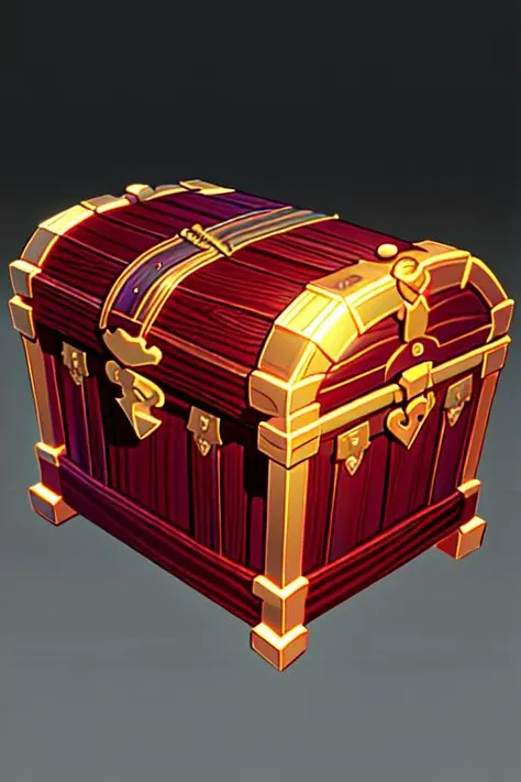 a wooden chest with gold and red decorations on it