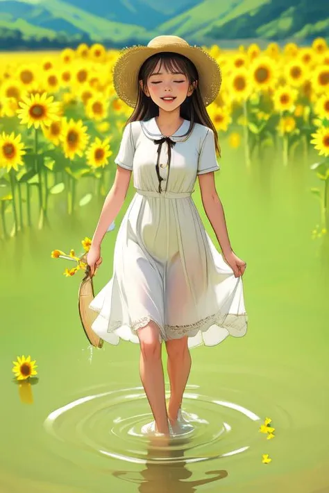 1girl, hat, dress, solo, long hair, closed eyes, flower, brown hair, straw hat, smile, skirt hold, open mouth, hat flower, wading, water, blush, white dress, sunflower, short sleeves, blue ribbon, outdoors, bangs, ribbon, ocean, barefoot<lora:mignonV73:1>