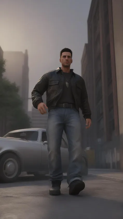 a man in a leather jacket walking down a street next to a car