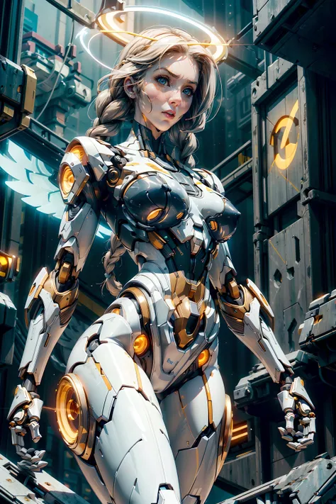 highly detailed, expressive face, lenapaul, large breasts, slim waist, pale skin, powerful stance, <lora:AMechaSSS[color_theme,mecha musume, mechanical parts,robot joints,headgear]:0.6>, mechanical parts, [robot joints], real hands, halo, blessed aura, <lo...