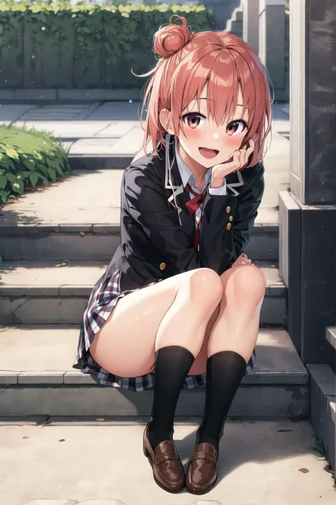 masterpiece, best quality, detailed, 1girl, blush, looking at viewer, open mouth, school uniform, smile, solo, sunlight,  <lora:YuigahamaYuiV1:0.7>, yuigahama yui, jacket, sitting, sitting on stairs, outdoors