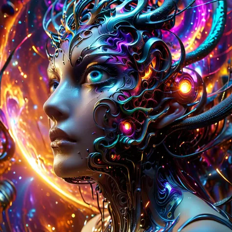 a woman with a head full of colorful lights and a spiral design