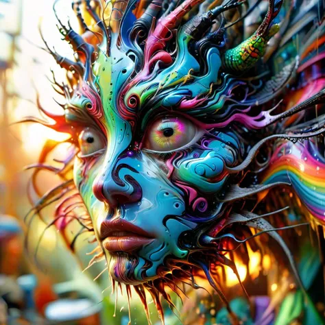 a close up of a person with a colorful face and hair