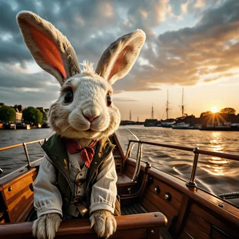 arafed rabbit in a vest and bow tie sitting on a boat