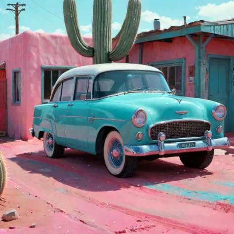 turquoise car parked in front of a pink building with a cactus