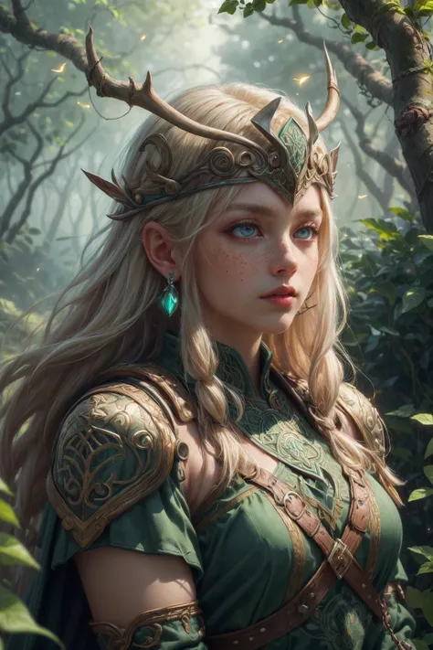 a woman with horns and a green dress in the woods